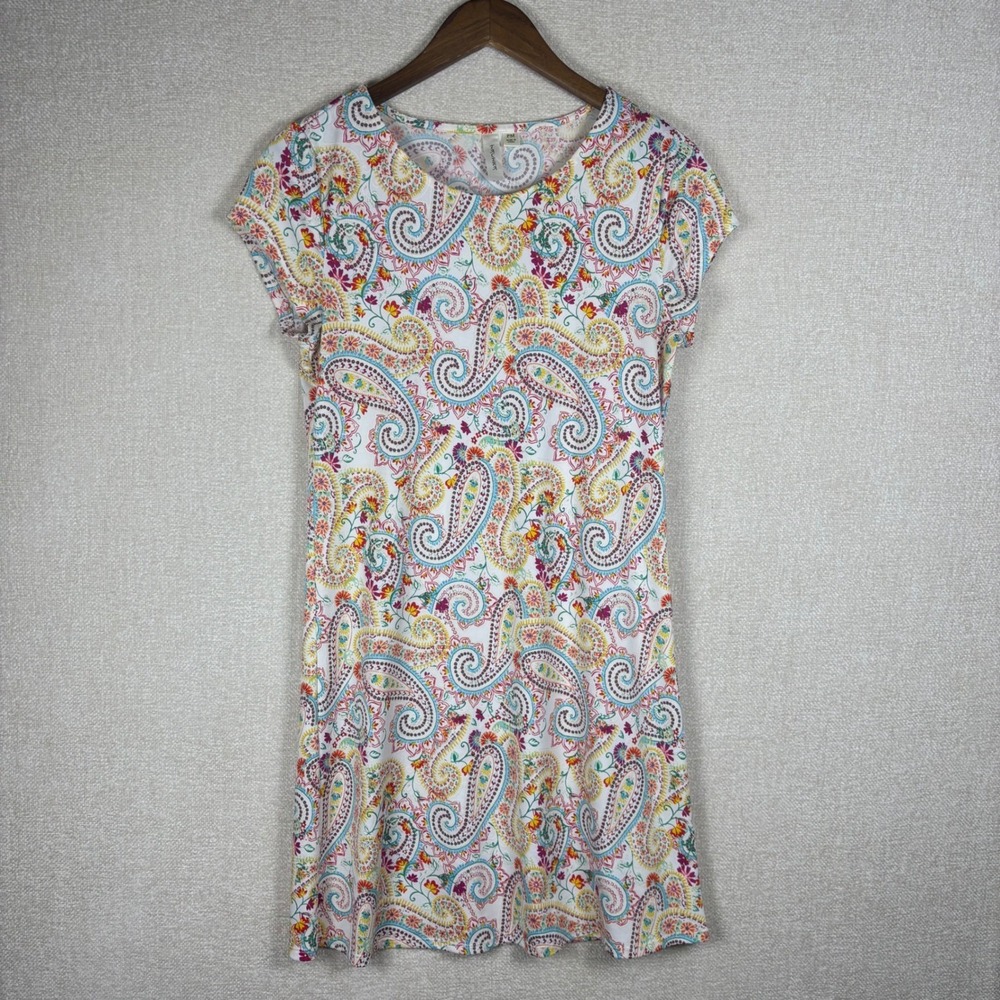 Tacera Women Petite Medium Colorful Paisley Short Sleeve Shift Dress Stretch